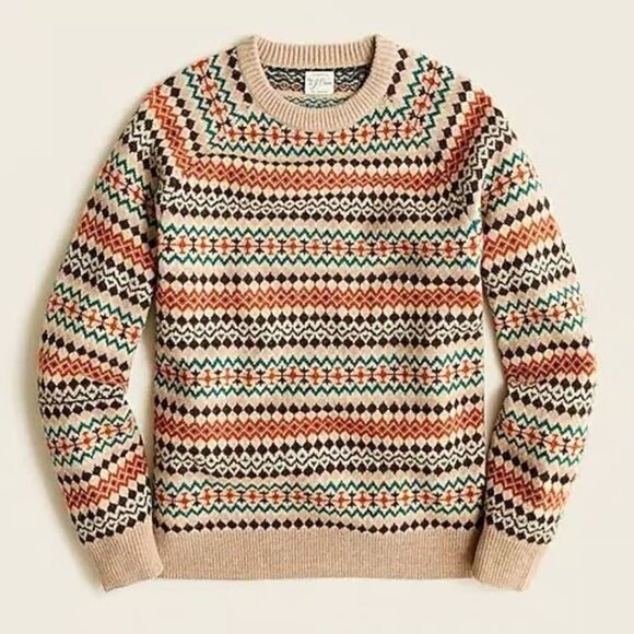 J. Crew - Lambswool Crewneck Sweater BC514 | Heather Oatmeal Fair Isle | Medium - Picture 1 of 7